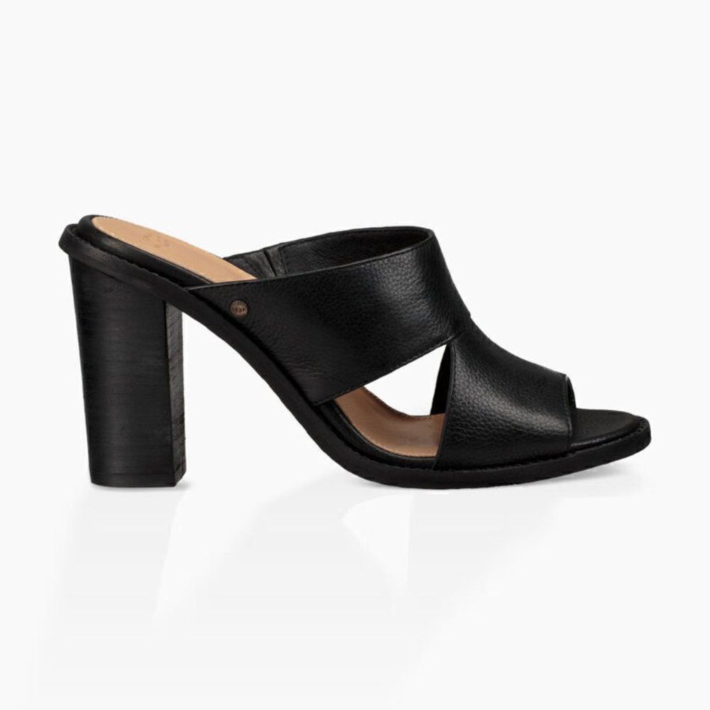 UGG Celia Black Leather Criss Cross Block Heel Slip On Sandals 1016164